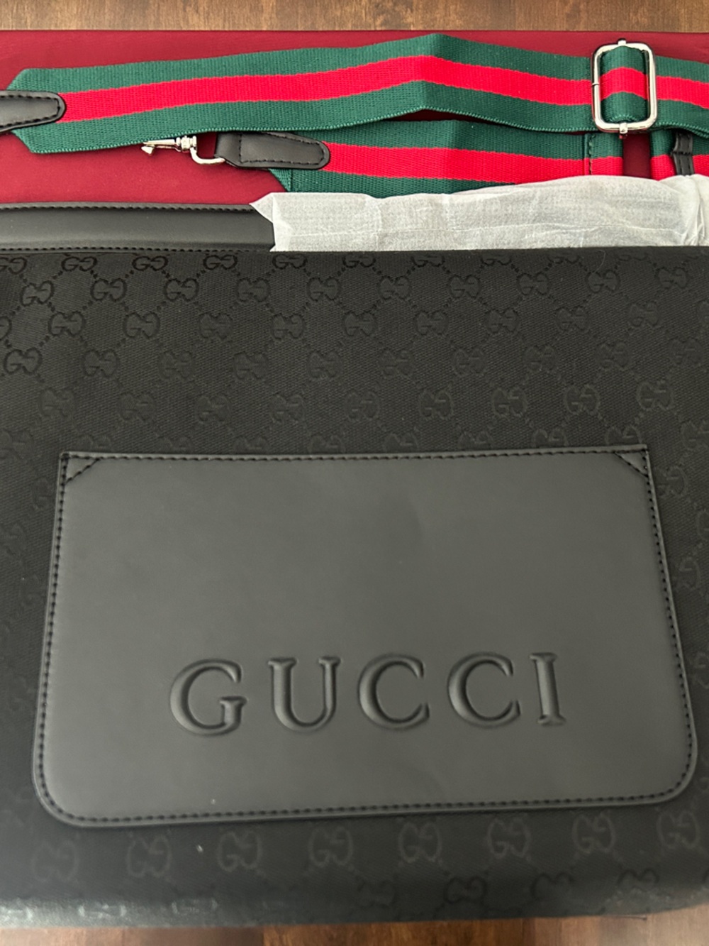 Inspire Style Black Messenger Bag with Signature Green-Red Web Strap